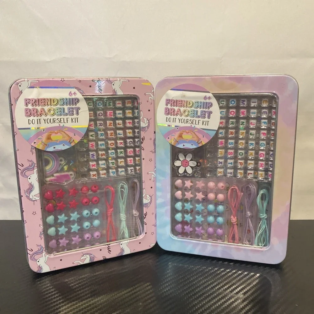Lot of 2 Friendship Bracelet DIY Kits in Unicorn and Tie Dye Metal‎ Tins Ages 6+